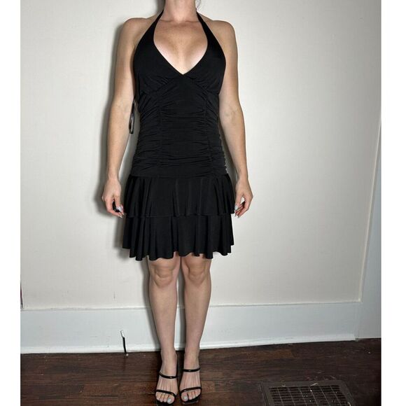 Vintage y2k Black Halter Ruffled Mini Dress Size Medium - Picture 2 of 5